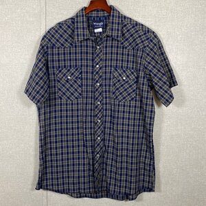 Wrangler Western Wear Pearl Snap Blue and Yellow Checkered Short Sleeve Shirt